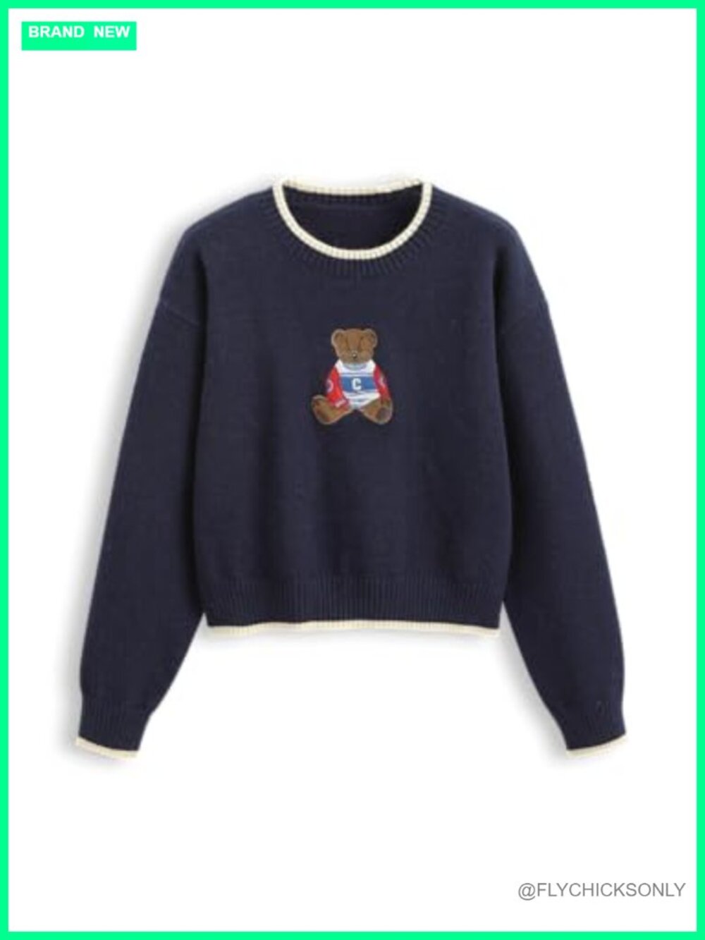 Oversized Bear Graphic Pullover Sweater Crewneck Cropped Long Sleeve